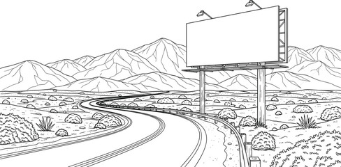 Winding desert highway and large blank billboard, empty road with rocky mountains background, advertising space, arid landscape, transportation, travel, black and white line art vector drawing.