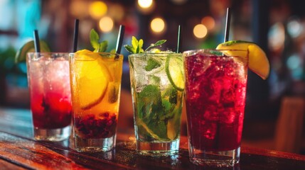 Four vibrant cocktails sit on a polished wooden bar showcasing a mix of fruits and herbs. The background features soft lighting adding to the festive atmosphere of the evening.