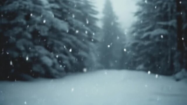 Snow-covered forest scene with falling snowflakes and blurred trees in the distance