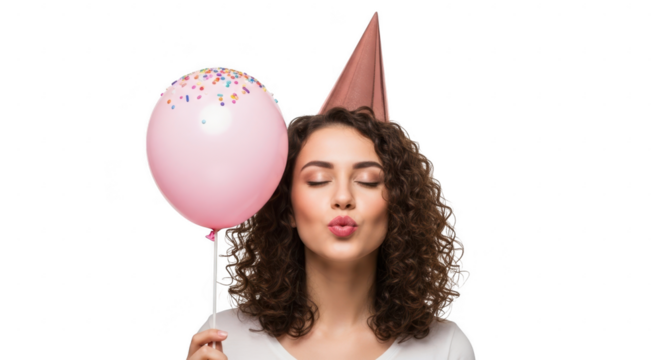 Young woman with curly hair holding a pink balloon and wearing a party hat, isolated on transparent background - Powered by Adobe