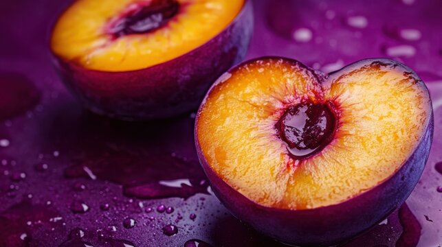Juicy plum halves with vibrant colors and water droplets