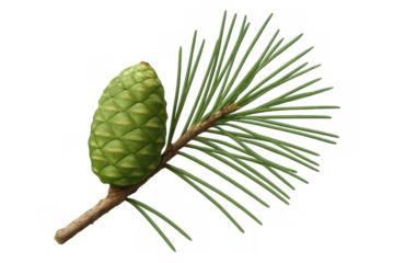 Young green pine cone on a coniferous branch with needles, illustrating nature, growth, and evergreen plants