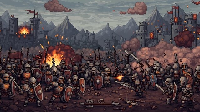 Epic Pixel Art Medieval Battle Scene with Castle Siege perfect for Game asset, website background, blog illustration, t-shirt design, app UI, social media post,