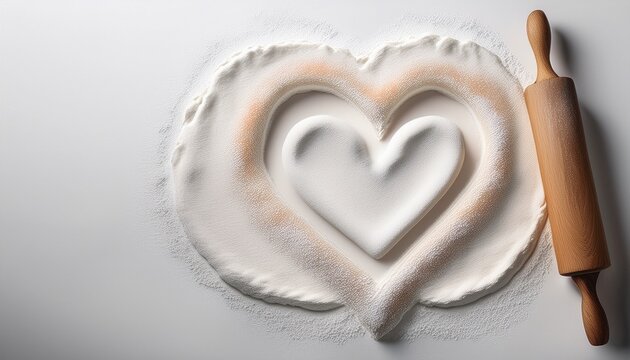 heart shaped flour pattern with rolling pin on white baking surface