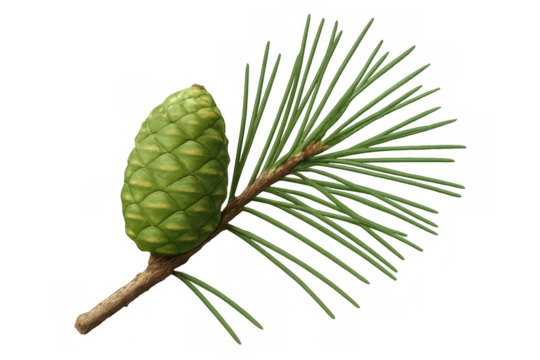 Young green pine cone on a coniferous branch with needles, illustrating nature, growth, and evergreen plants - Powered by Adobe