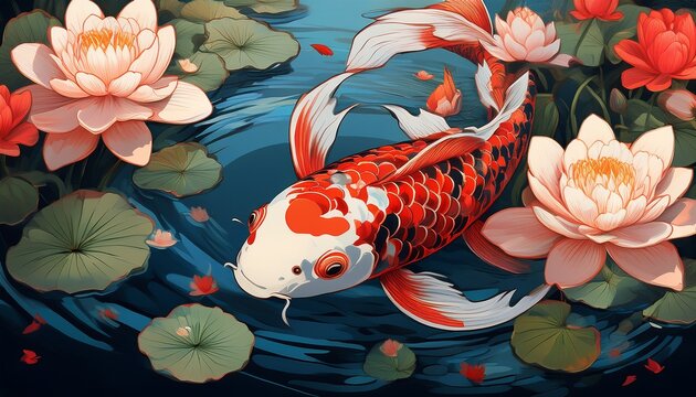 artistic rendition of koi fish swimming in a serene pond with water lilies - Powered by Adobe