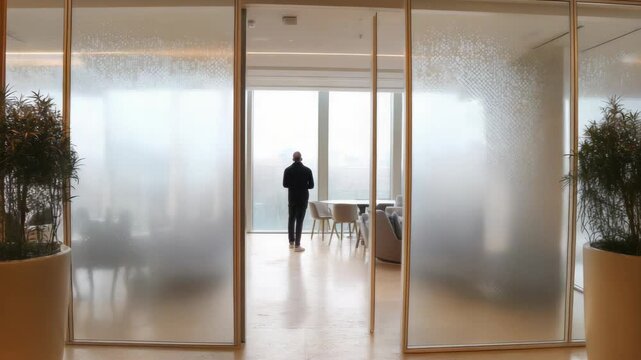 Man walking through modern office doorway with frosted glass and plants