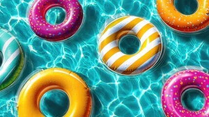 Brightly colored inflatable pool donuts float on the surface of a refreshing pool. The scene captures the essence of summer leisure inviting relaxation and fun under the sun.