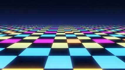 Vibrant Neon Checkerboard Dance Floor Background perfect for event promotion, music album cover, website background, social media graphic, video game asset,