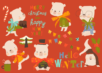 Cute Polar Bears Cute Cartoon Bears with Christmas Elements. Vector Illustration