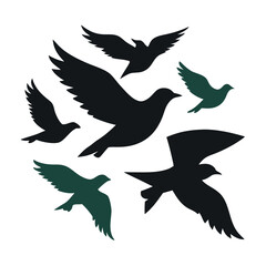 Collection of diverse flying bird silhouettes in clean modern shapes for design projects