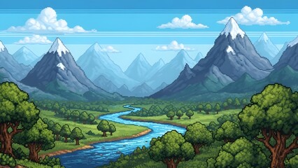 Vibrant Pixel Art Mountain Valley Landscape with River perfect for game background, website banner, digital wallpaper, t-shirt design, social media graphic, app