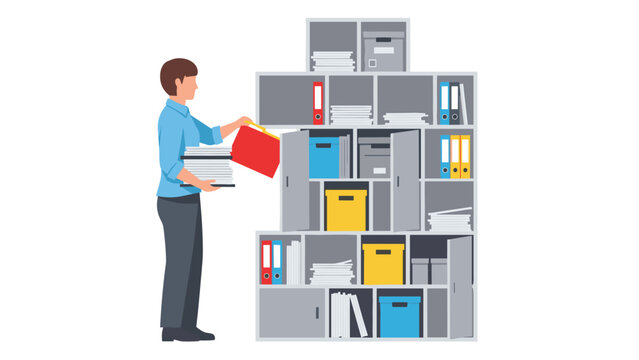 Dedicated employee organizing massive stacks of physical documents into a cluttered office filing cabinet system