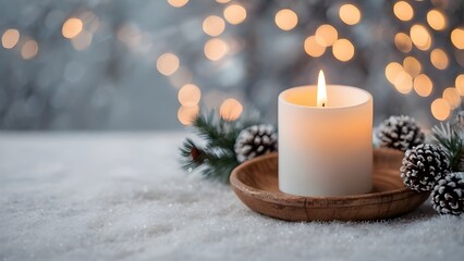 cozy Christmas candle decoration on snowy table