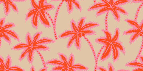 Tropical seamless pattern with hand drawn palm trees. Hawaiian florals summer background for fabric, textiles, clothing, poster, cover, decoration, banner, wallpaper, interior. Vector illustration.