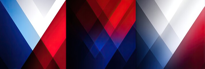 Abstract geometric composition, featuring overlapping angular shapes in vibrant red, white, blue gradients