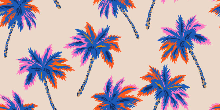 Tropical seamless pattern with hand drawn palm trees. Hawaiian florals summer background for fabric, textiles, clothing, poster, cover, decoration, banner, wallpaper, interior. Vector illustration.