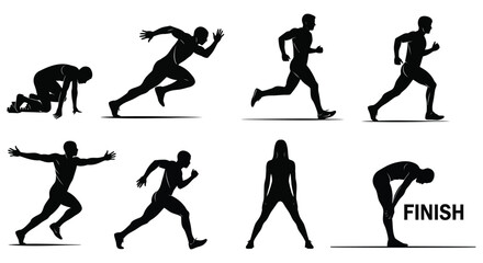 Obraz premium Silhouettes showing the stages of a runner from start to finish in a black and white illustration