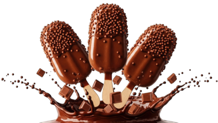 Three chocolate ice cream bars with sprinkles splashing in chocolate isolated on transparent background