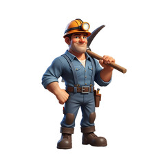 Cheerful cartoon miner with hard hat and pickaxe stands ready for hard work in resource extraction projects