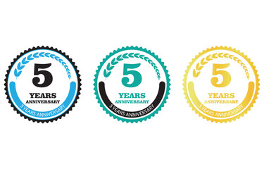 Print 5th anniversary, celebration, five years, anniversary vector, golden anniversary, success milestone, isolated emblem, round stamp, corporate event, vintage style, yearly mark, award crest