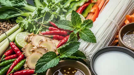 Asian inspired still life arrangement of vegetables, spices, and refreshing drink, capturing the warm and inviting concept of international cuisine, perfect for cooking show backgrounds.