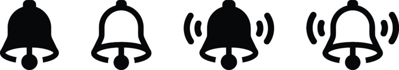 bell, icon, symbol, silhouette, outline, filled, ringing, sound, alert, notification, design, graphic, simple, minimalist, black, white, isolated, white background