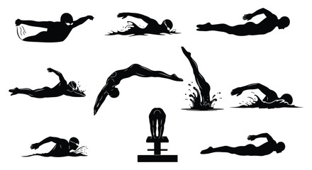 Silhouettes depicting various swimming and diving positions on a white background