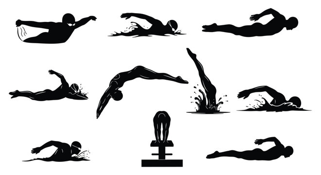 Silhouettes depicting various swimming and diving positions on a white background