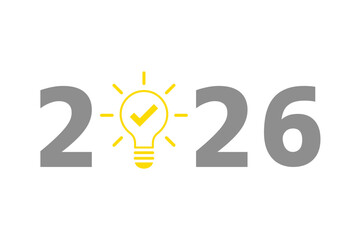 2026 concept with light bulb and check mark on white background