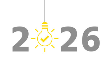 2026 design with hanging light bulb and check mark on white background