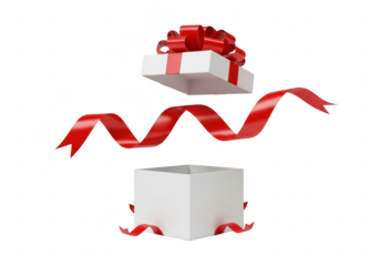 Open gift box with red ribbon isolated on transparent background