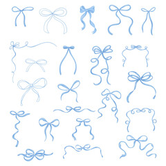Watercolor set of  blue bow, ribbon silk, illustration for design.