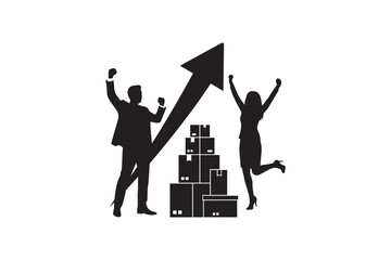 Fototapeta premium Business team celebrating sales growth with arrow and boxes silhouette artwork