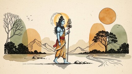 Mythical Hindu god Lord Shiva walking through tranquil landscape at sunset