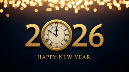 Golden 2026 new year celebration with clock and bokeh lights on dark background for festive season