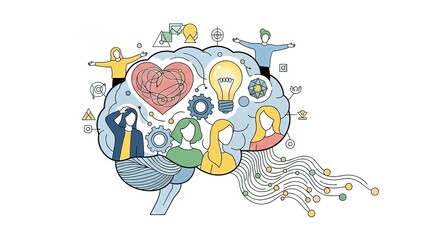 Illustration of a brain with people heart lightbulb and connections