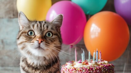 A cute cat sits near a birthday cake decorated with sprinkles and lit candles. Colorful balloons in the background create a joyful atmosphere for the celebration.
