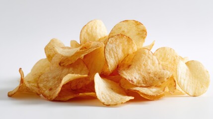 Potato chips are stacked in a casual pile on a clean white surface. They look crunchy and inviting perfect for enjoying at parties or movie nights with friends.