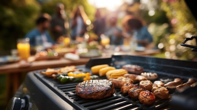 Friends gather in a sunny garden for a barbecue. Grilled meats and vegetables sizzle on the grill while guests enjoy food and drinks at a nearby table filled with summer dishes.
