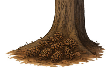 Tree trunk base with a pile of pine cones on the forest floor, natural autumn elements, brown nature illustration