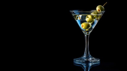 A clear martini glass is filled with a transparent drink. Green olives sit on a toothpick creating a classic cocktail appearance. The backdrop is dark enhancing the glass's shine.
