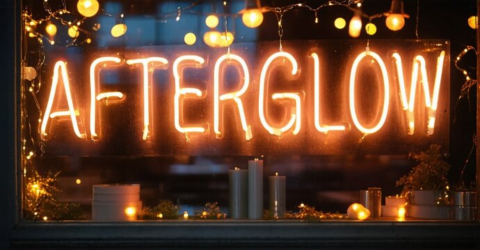 Bright neon sign spells AFTERGLOW. Warm lights illuminate interior space, creating cozy atmosphere. Window frames scene.
