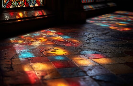 Stained glass reflections on old church stone floor