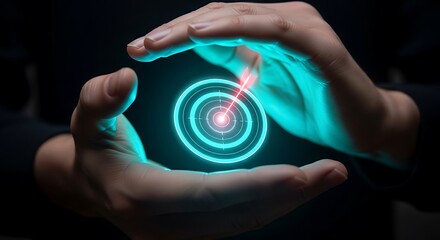Captivating digital target glowing brightly between protective human hands