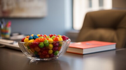 A bowl filled with bright colorful candies sits on a sleek office desk. Nearby a closed book rests capturing the vibrant energy of the workspace during a busy day.