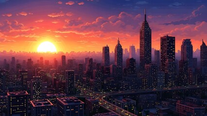 Fototapeta premium Dramatic City Skyline Sunset with Vibrant Hues perfect for Website banner, blog header, social media post, presentation background, travel brochure, interior