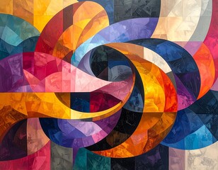 Abstract swirling design of vibrant, multicolored, polygonal shapes