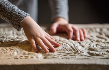 Child hands touching tactile carved stone relief