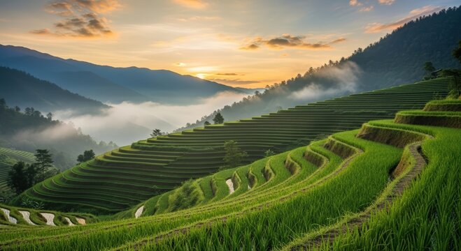 Lush green terraced rice fields cascade down misty mountains at sunrise, creating a serene and breathtaking landscape.